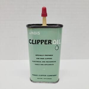 Vintage Andis Clipper Oil Tin Racine WI 3oz Handy Oiler Est 1oz Left Plastic Top